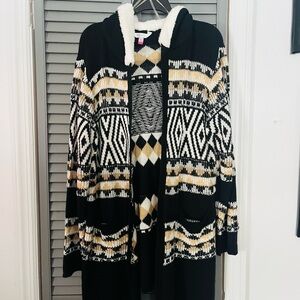 No Boundaries Hooded Knit Cardigan in Black, Cream & Tan